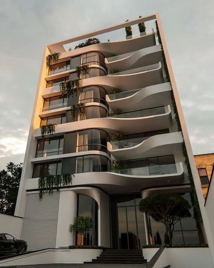 an artist's rendering of a modern building with plants growing on the balconies