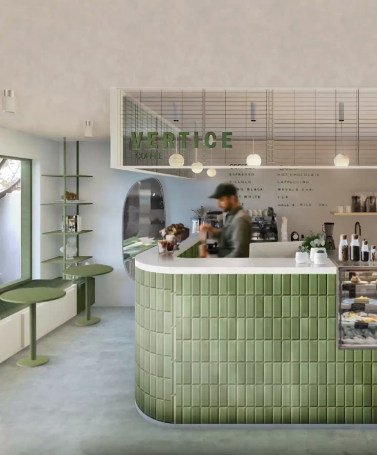 Cafe Green Design, Coffee Bar Colorful, Coffee Shop Green Design, Coffee Shop Design Colorful, Sage Green Coffee Shop, Matcha Cafe Interior, Coffee Bar Green, Coffee Shop Colors, Green Coffee Shop