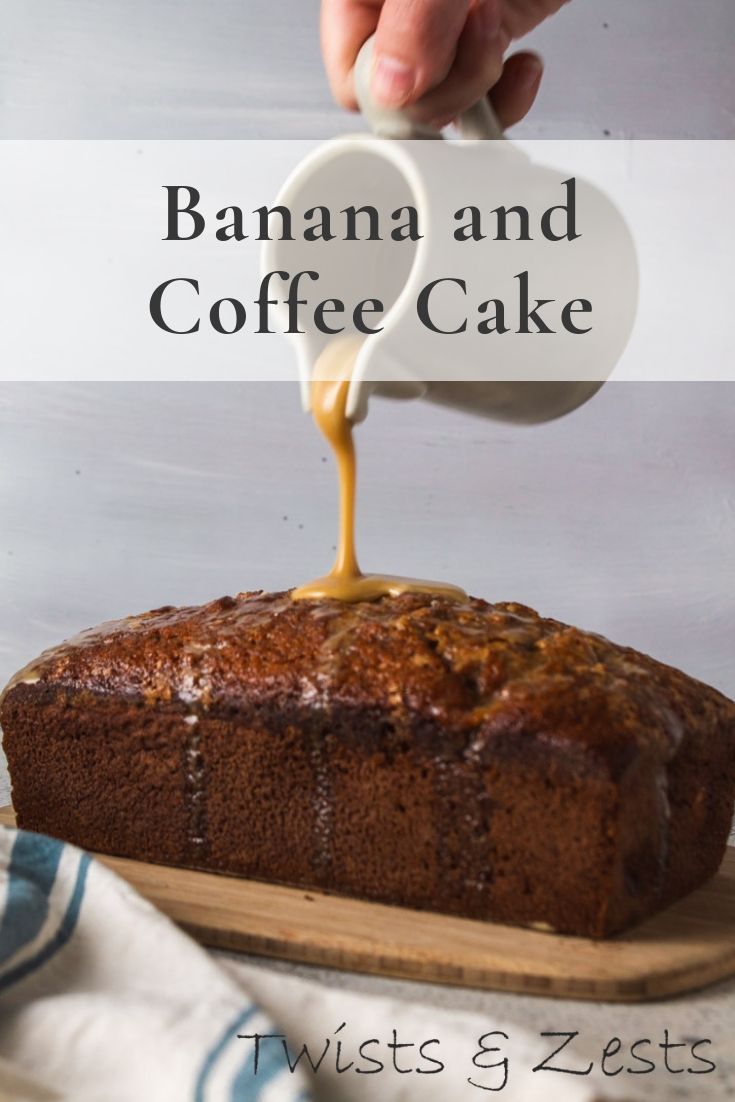 a banana and coffee cake is being drizzled with icing