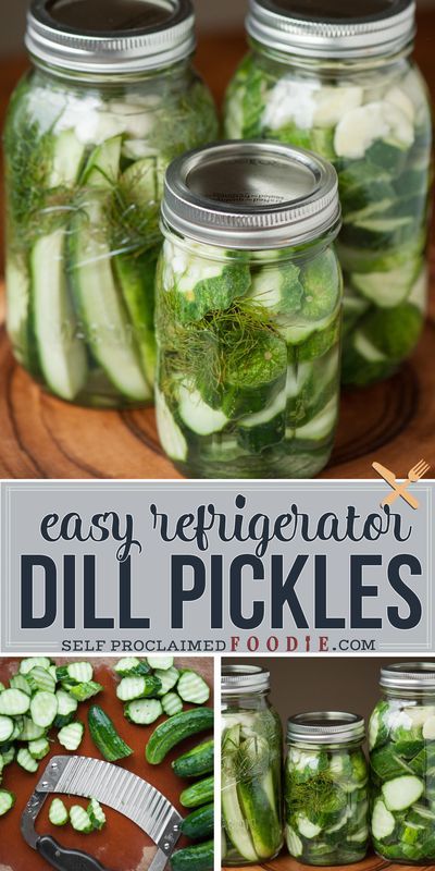 pickled cucumbers in mason jars with text overlay that reads easy refrigerator dill pickles