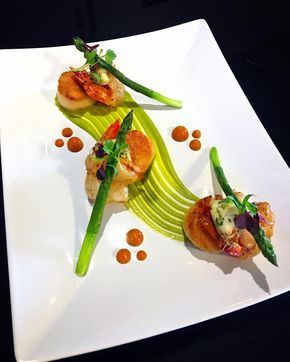 three appetizers on a white plate with garnishes and sauces