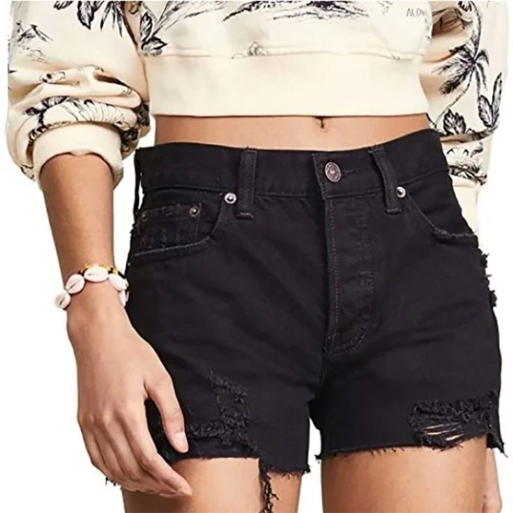 Free People Black Sofia Shorts Distressed Cutoff High Waist Denim Button Fly 24 Calling All Fashion Lovers! Look No Further Than These Stylish And Comfy Cutoff Jeans Shorts, Perfect For Taking Your Assurance Of Style To The Beach This Summer. Constructed From Comfortable Distressed Denim, These Classic High Rise Shorts In A Medium Wash Offer A Casual Fit With A Frayed Hem. New With Tags Size: 24 Revolve Style No. Free-Wf92 Free People Style No. Ob889933 Waist: 14" Hips: 18" Inseam: 2.5" Fabric: Cutoff Jeans, Crochet Lace Shorts, Free People Style, High Waist Denim, White Denim Shorts, Frayed Denim, Free People Jeans, High Rise Shorts, Red Shorts