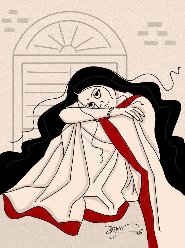 a drawing of a woman with long hair wrapped around her body and wearing a red scarf