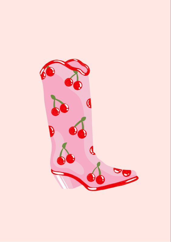 a pink boot with cherries on it