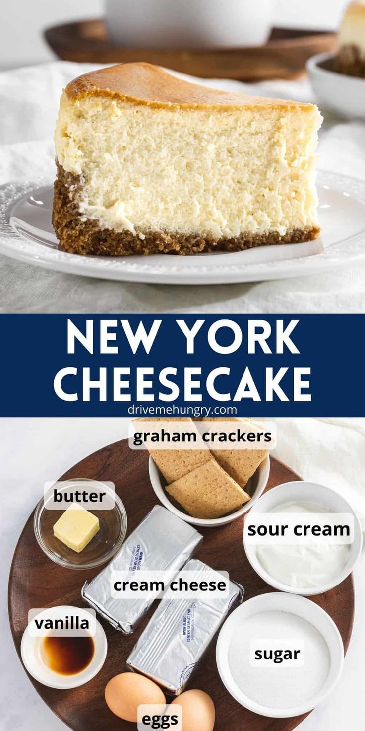 the new york cheesecake recipe is shown on a plate with ingredients to make it