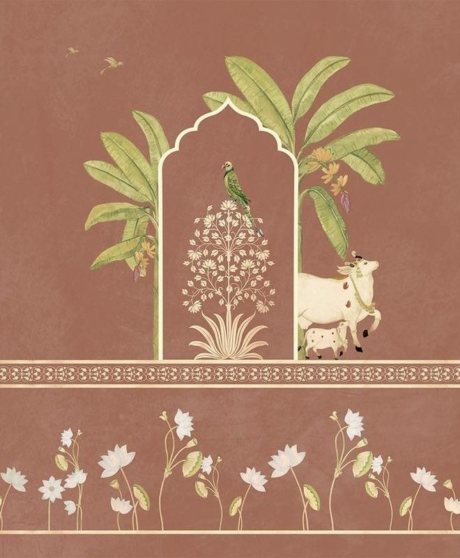 an artistic painting with animals and flowers on the side of a brown wall next to a green palm tree