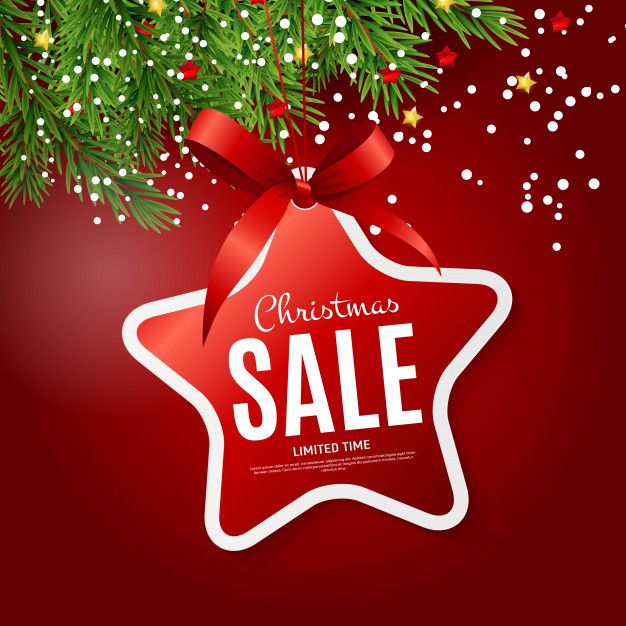 a christmas sale sign with a red star hanging from it's side and snow flakes in the background