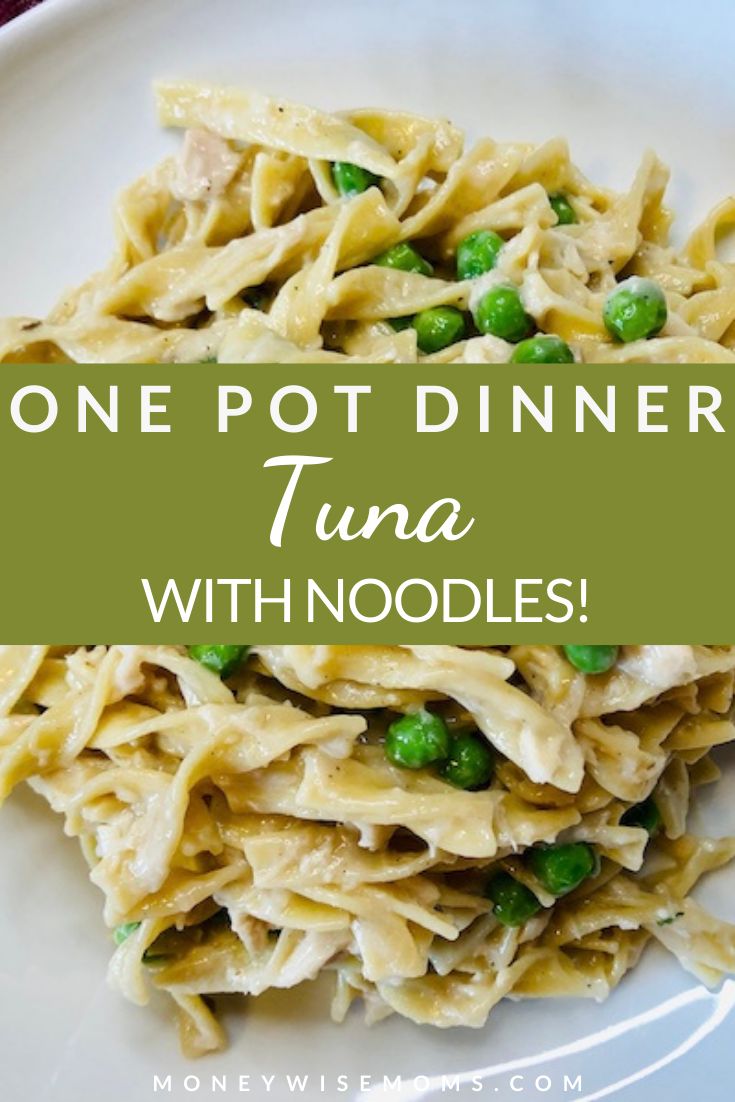 one pot dinner tuna with noodles on a white plate and the title overlay reads, one pot dinner tuna with noodles