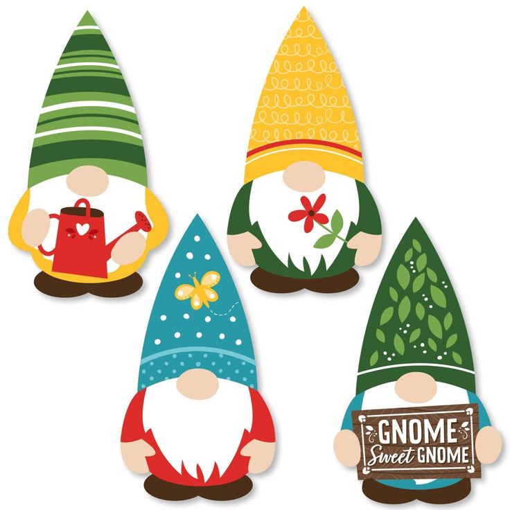 three gnomes with hats on their heads and one has a sign that says gnome street gnome