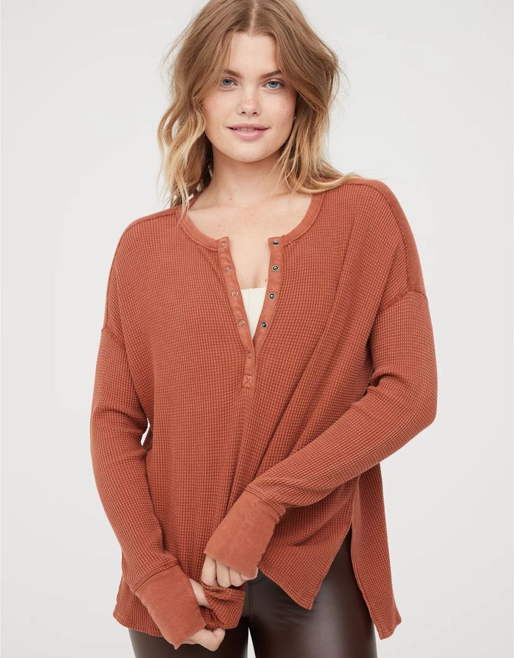 OFFLINE By Aerie Wow! Waffle Henley T-Shirt Lumberjane Waffle Shirt, Aerie Lumberjane, Senior Photoshoot Poses, Waffle Henley, Granola Girl Aesthetic, New Closet, Offline By Aerie, Henley T Shirt, Oversized T Shirts