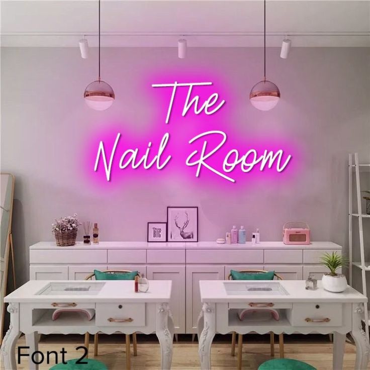 "Transform your nail salon with this stunning \"The Nail Room\" neon sign. Handcrafted with premium quality LED neon, this sign emits a warm and inviting glow that is sure to attract clients. Its sleek design and easy-to-hang features make it perfect for both small and large spaces. With low energy consumption and long-lasting durability, this neon sign is a must-have for any nail salon looking to create a chic and professional atmosphere. Made on flexible neon technology. These products are bet Nail Room Neon Sign, Basement Nail Room, Neon Nail Sign, Nail Area Ideas, Nail Salon Decor Wall Art, Nail Studio Decor Small Spaces, Nail Salon Decor Small At Home, Nail Salon Decor Ideas Interior Design, Nail Shop Decor Ideas