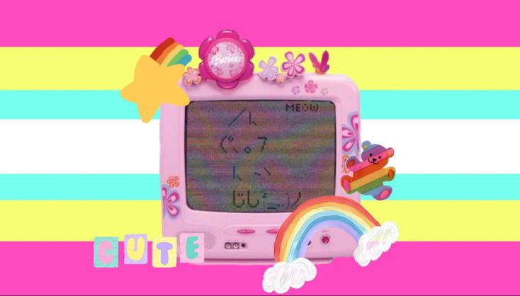 an old pink computer sitting on top of a rainbow colored background with stars and clouds