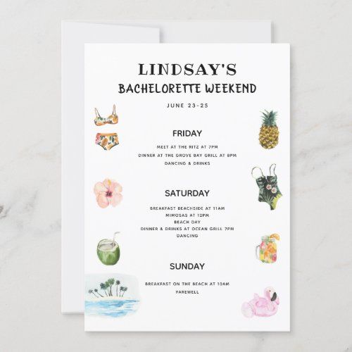 an image of a beach bachelor weekend party card with pineapples and flowers on it