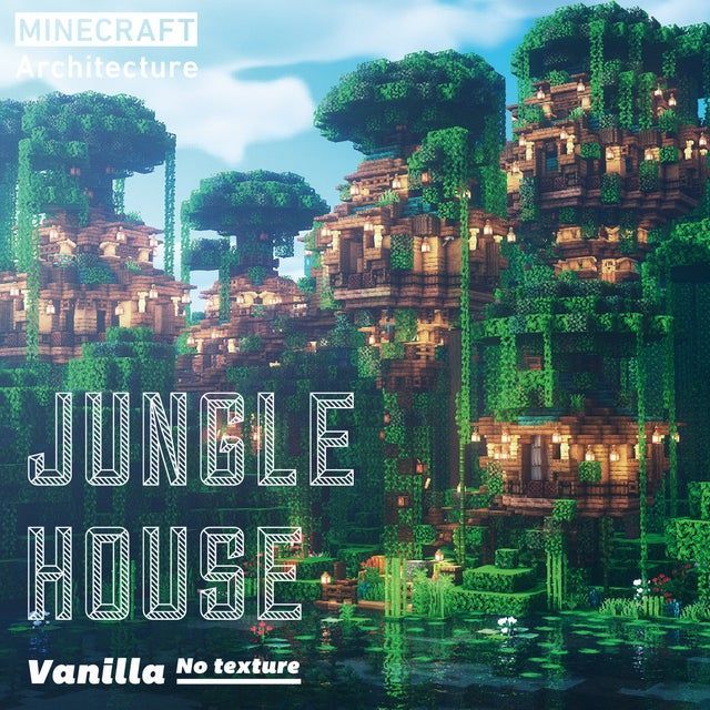 an image of a jungle house with trees and plants in the background that reads, jungle house vanilla no texture