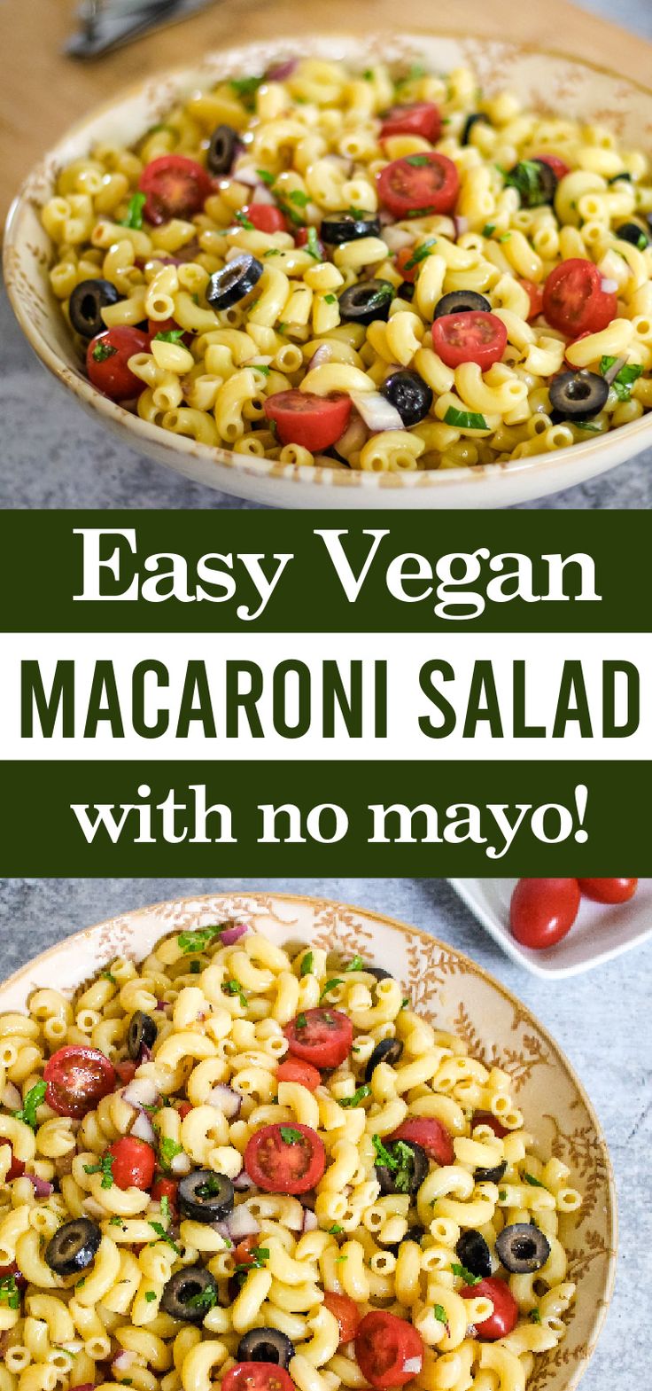 an easy vegan macaroni salad with no mayo is ready to be eaten