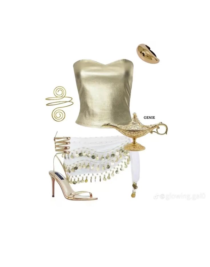 a gold and white outfit with high heel shoes, a hat, and some accessories