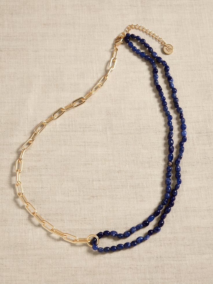 Semi-Precious Stone Paperclip Chain Necklace | Banana Republic Factory Blue Gemstone Beads Jewelry For Layering, Blue Natural Stones Jewelry For Layering, Blue Jewelry With Natural Stones For Layering, Everyday Lapis Lazuli Jewelry With Gemstone Beads, Paperclip Chain Necklace, Blue Jade, Ruby Zoisite, Banana Republic Factory, Semi Precious Stones