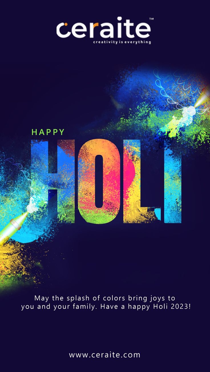 the happy holi poster is displayed in front of a dark background with bright colors