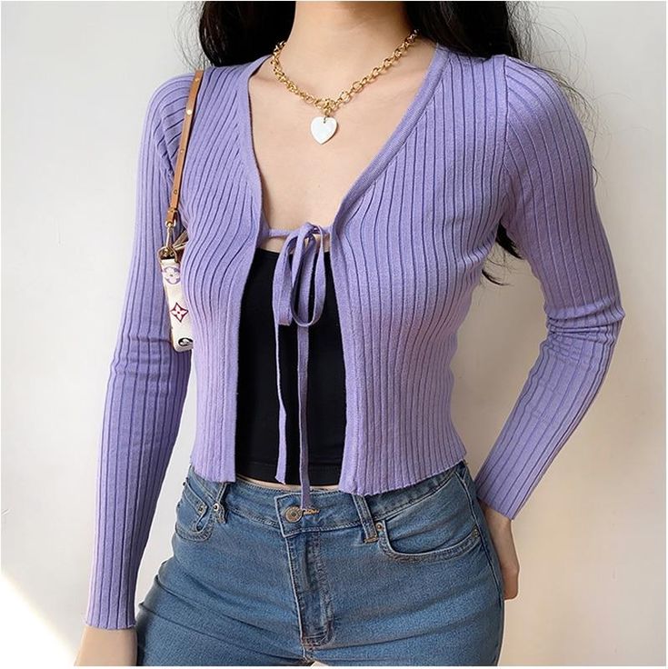 Purple Women Tie Front Crop Rib Knit Cardigan Tie Front Cardigan Outfit, Tie Cardigan Outfit, Cardigan Top Outfit, Purple Top Outfit, Tie Up Cardigan, Cardigan Outfit Ideas, Mode Ulzzang, Tie Cardigan, Cardigan Outfit