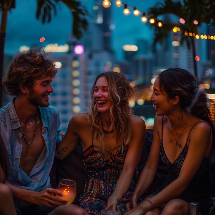 three people sitting on a bench laughing at each other in front of the city lights