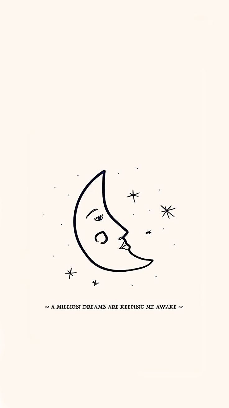 a black and white drawing of a crescent moon with stars in the sky above it