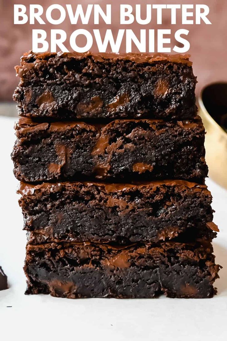 chocolate brownies stacked on top of each other with text overlay that reads, how to make brownie butter brownies