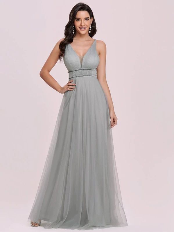 #bridelily #shop #online #light #grey #aline #vneck #tulle #sleeveless #sash #long #guest #prom #dress Light Grey Prom Dress, Red Carpet Dresses Ideas, Light Grey Bridesmaid Dresses, Wedding Bouquet Winter, Long Sleeve Wedding Dress Backless, Poppy Wedding, Wedding Dress Backless, Grey Prom Dress, Dresses Work