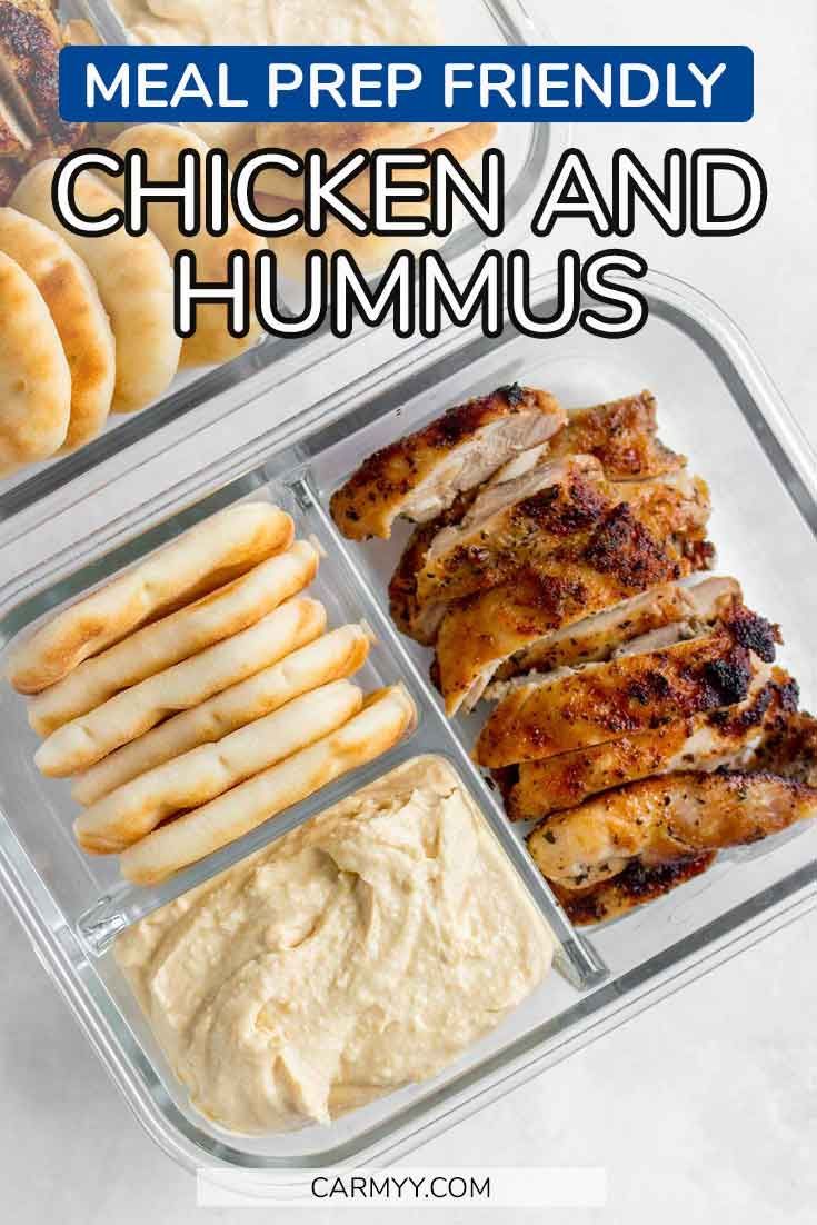 chicken and hummus in a meal prep container with text overlay