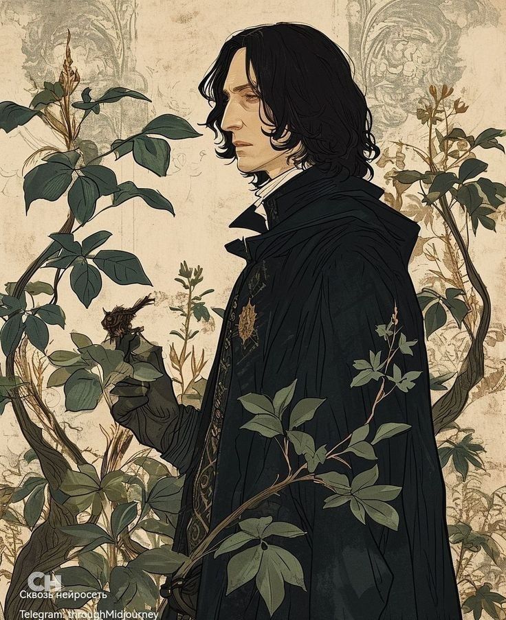 a painting of a man with long hair holding a bird in his hand and surrounded by leaves