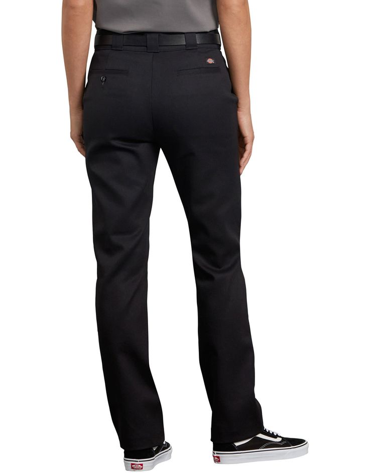 Women's FLEX Slim Fit Work Pants Black | Women's Pants| Dickies Straight Work Bottoms With Hip Pockets, Straight Fit Bottoms For Workwear, Relaxed Fit Work Pants With Welt Pockets, Classic Mid-rise Work Pants With Pockets, Mid-rise Straight Fit Classic Pants, Classic Straight Fit Mid-rise Pants, Classic Mid-rise Straight Fit Pants, Work Pants With Welt Pockets In Standard Cut, Classic Relaxed Fit Straight Leg Work Pants