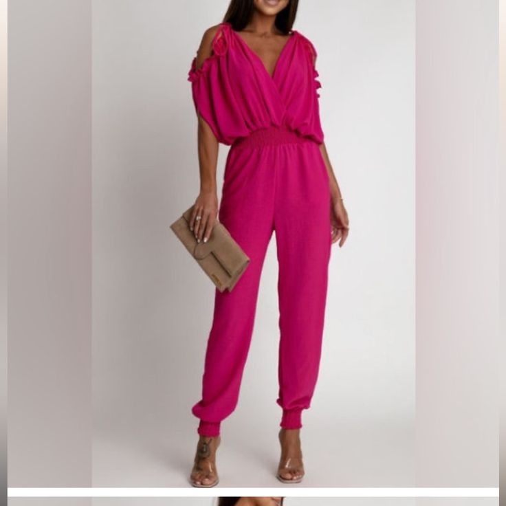 Gorgeous Party Wear Jumpsuit Bardot Boat Neckline With Elasticated Ruffle Frill Tie Up Detail Sleeveless With Front And Back Open Wrap Detail Elasticated Shirred Waistband And Cuffs (Legs) Soft And Stretchy Approx Length (Inside Leg Measures) - 28"(71 Cm) 95% Polyester 5% Elastane Sleeveless Pink Party Jumpsuits And Rompers, Chic Party One-piece Jumpsuit, Casual V-neck Jumpsuits And Rompers For Party, Spring Evening One-piece Jumpsuits And Rompers, Elegant Pink Beach Jumpsuits And Rompers, Elegant Pink Jumpsuits And Rompers For Beach, Spring Sleeveless Party Jumpsuit, Sleeveless Jumpsuits For Spring Party, Elegant Pink Jumpsuit For The Beach