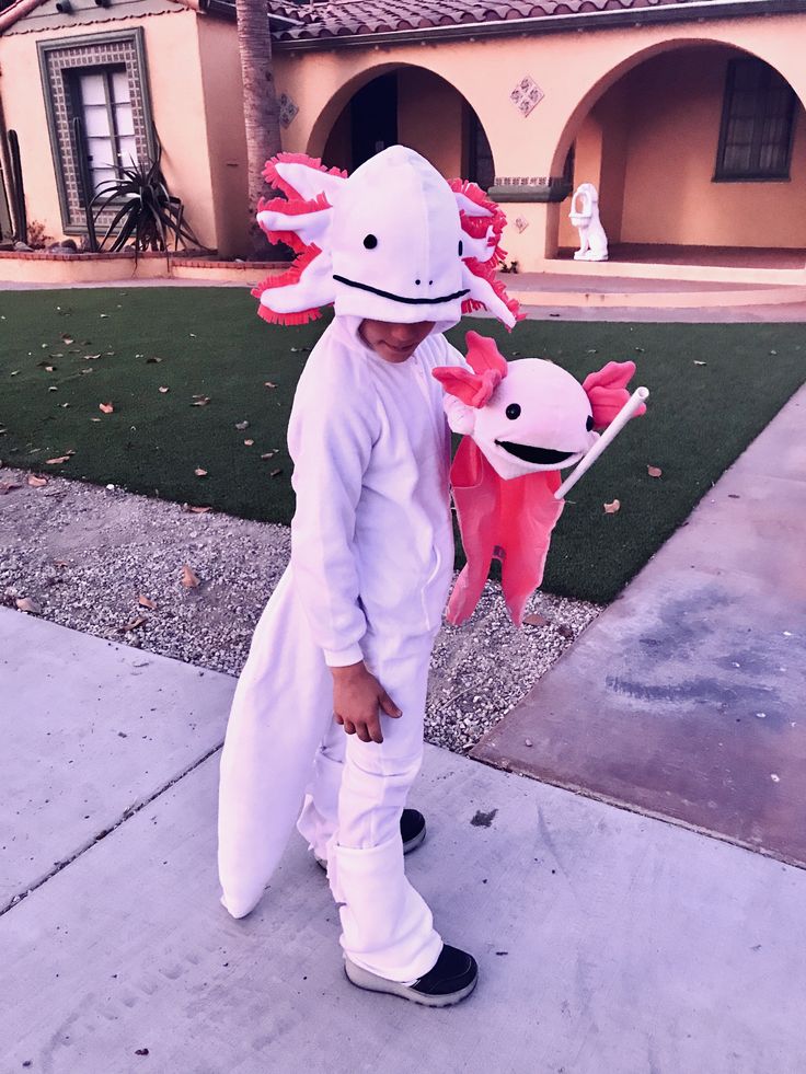 a little boy in a costume standing on the sidewalk with a pink stuffed animal behind him