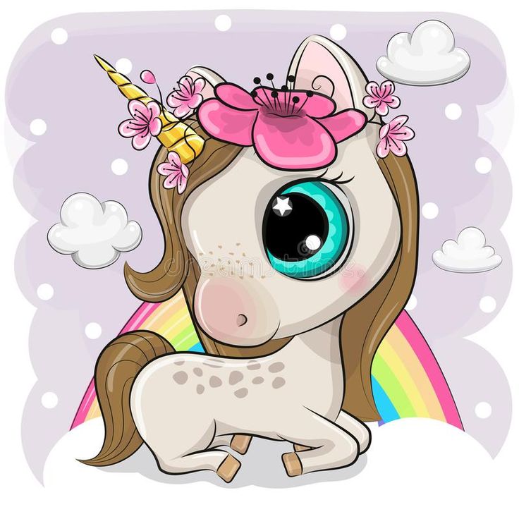 a cute cartoon unicorn with flowers on her head sitting in front of a rainbow and clouds