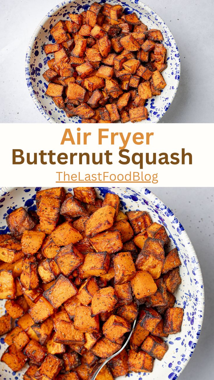 air fryer butternut squash in a blue and white bowl with the title above it