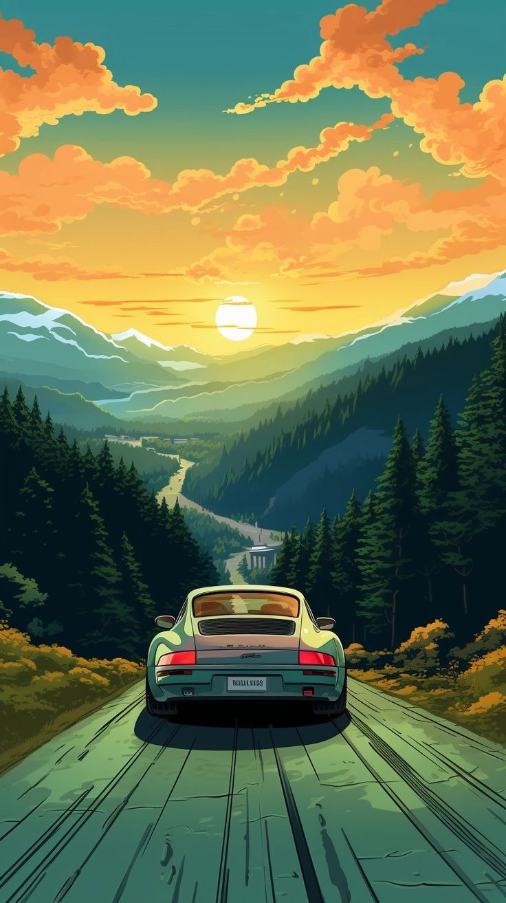 a car is driving down the road in front of mountains and trees, at sunset