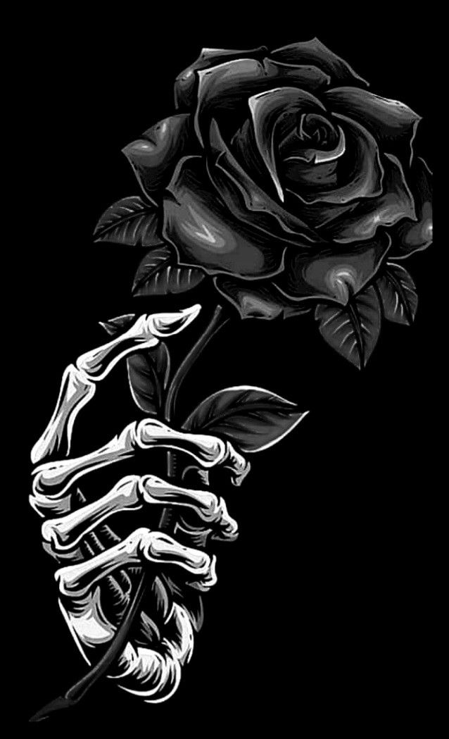 a skeleton hand holding a rose on a black background