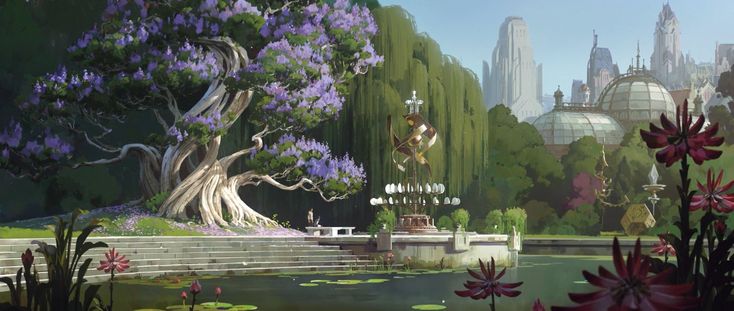 an animated scene with flowers and trees in the foreground