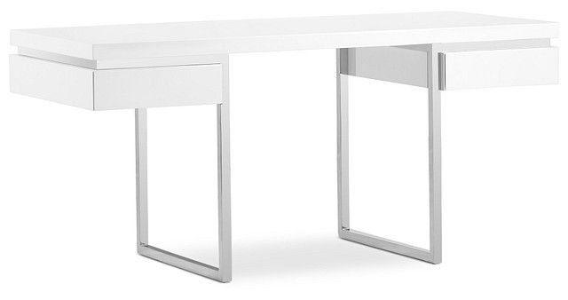 a white desk with two drawers on one side and an open drawer on the other