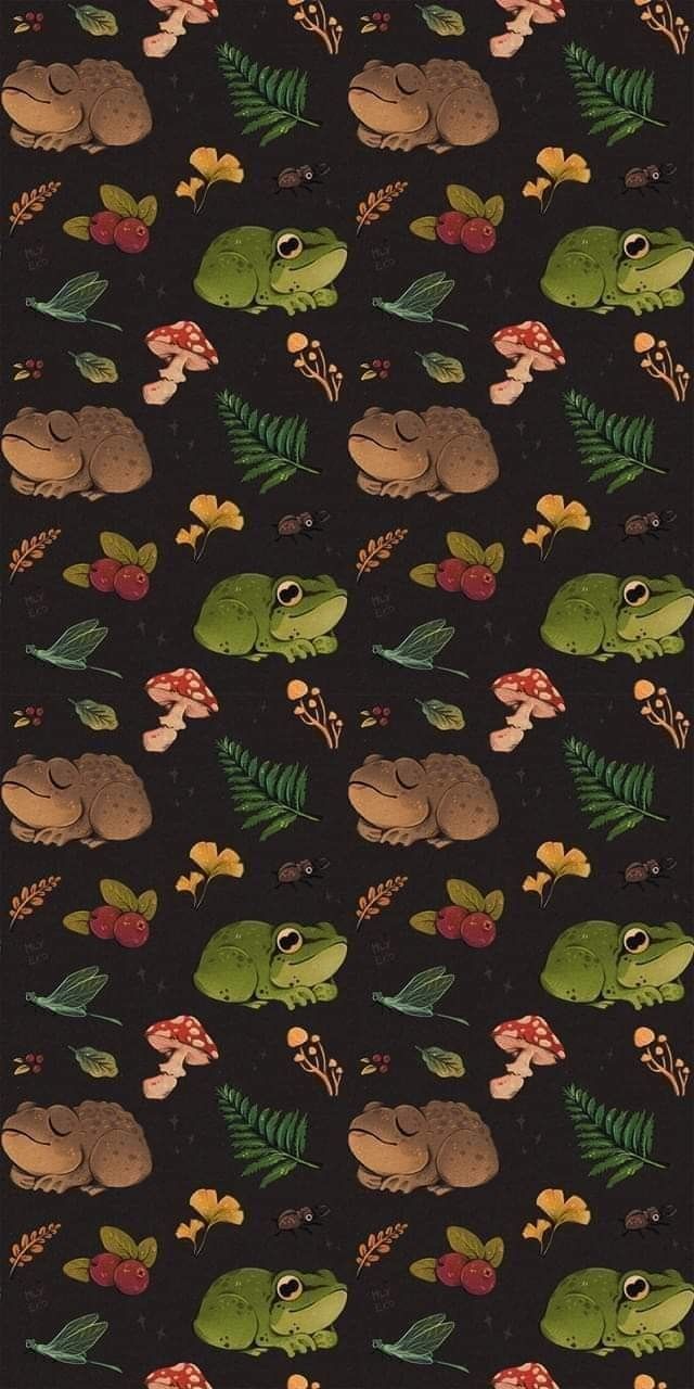 a black background with green and brown frogs on it