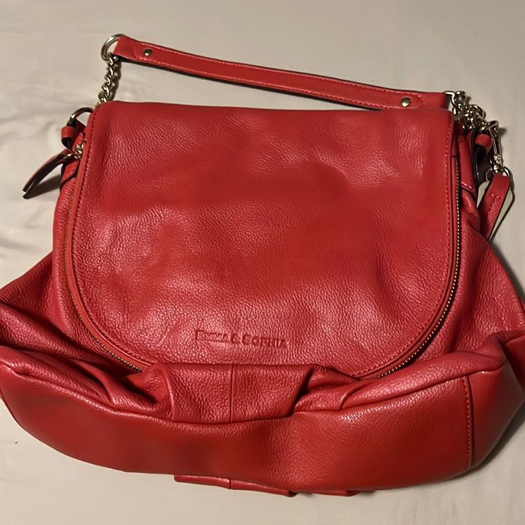 Pebbled Leather. Unused. Red Travel Bag With Detachable Handle, Everyday Red Hobo Bag With Zipper Closure, Red Hobo Bag With Zipper For Everyday Use, Red Hobo Bag With Zipper Closure For Everyday, Red Shoulder Bag With Detachable Strap For Travel, Elegant Red Hobo Bag With Zipper Closure, Red Travel Bag With Detachable Strap, Red Hobo Bag With Removable Pouch Satchel, Red Hobo Bag With Removable Pouch For Errands