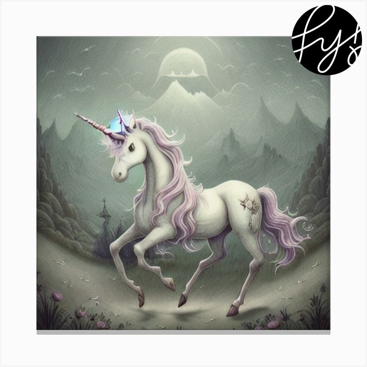 a painting of a unicorn with a butterfly on it's head running through the woods