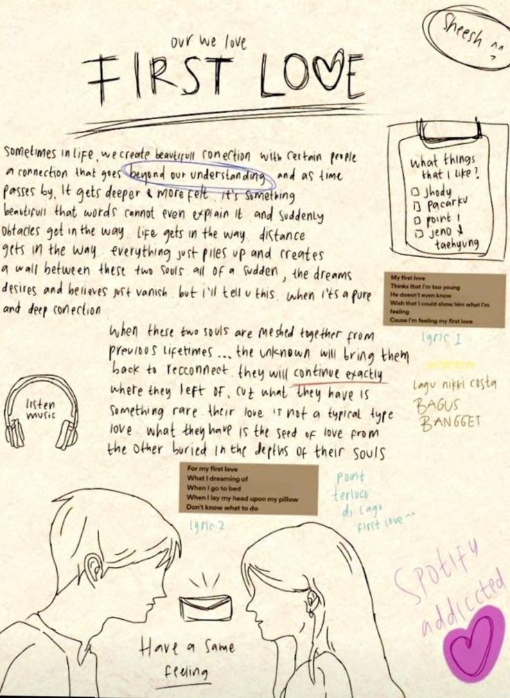 a drawing of two people talking to each other with the words first love written above them