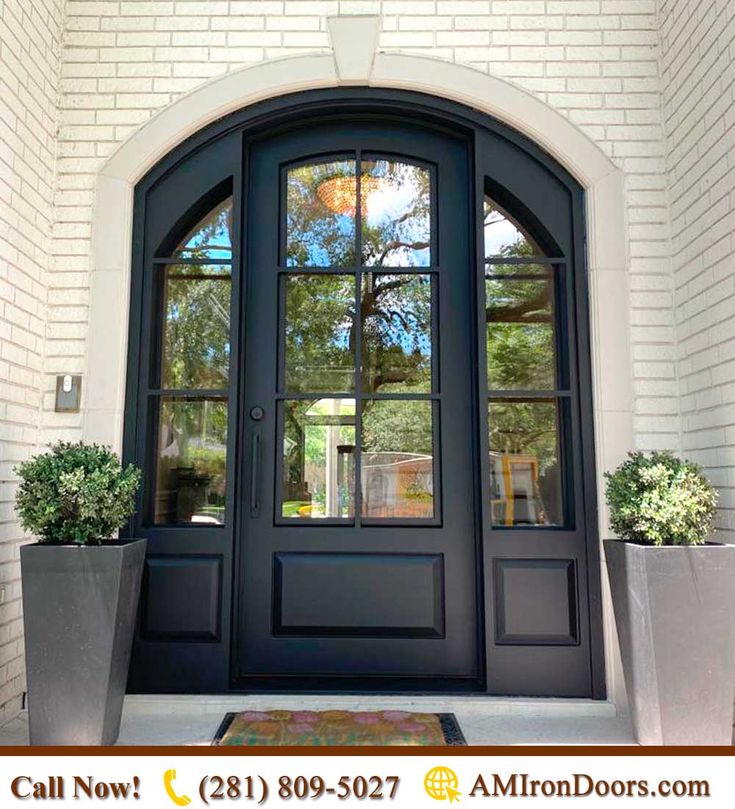 a black front door with two planters on either side and an arched glass window