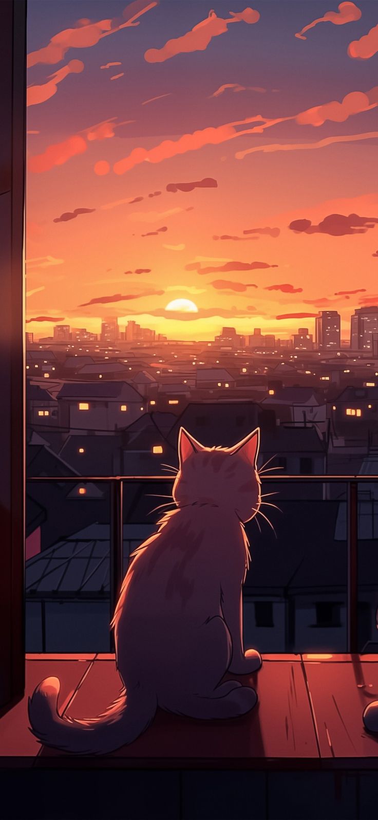 a cat sitting on top of a window sill looking out at the city skyline