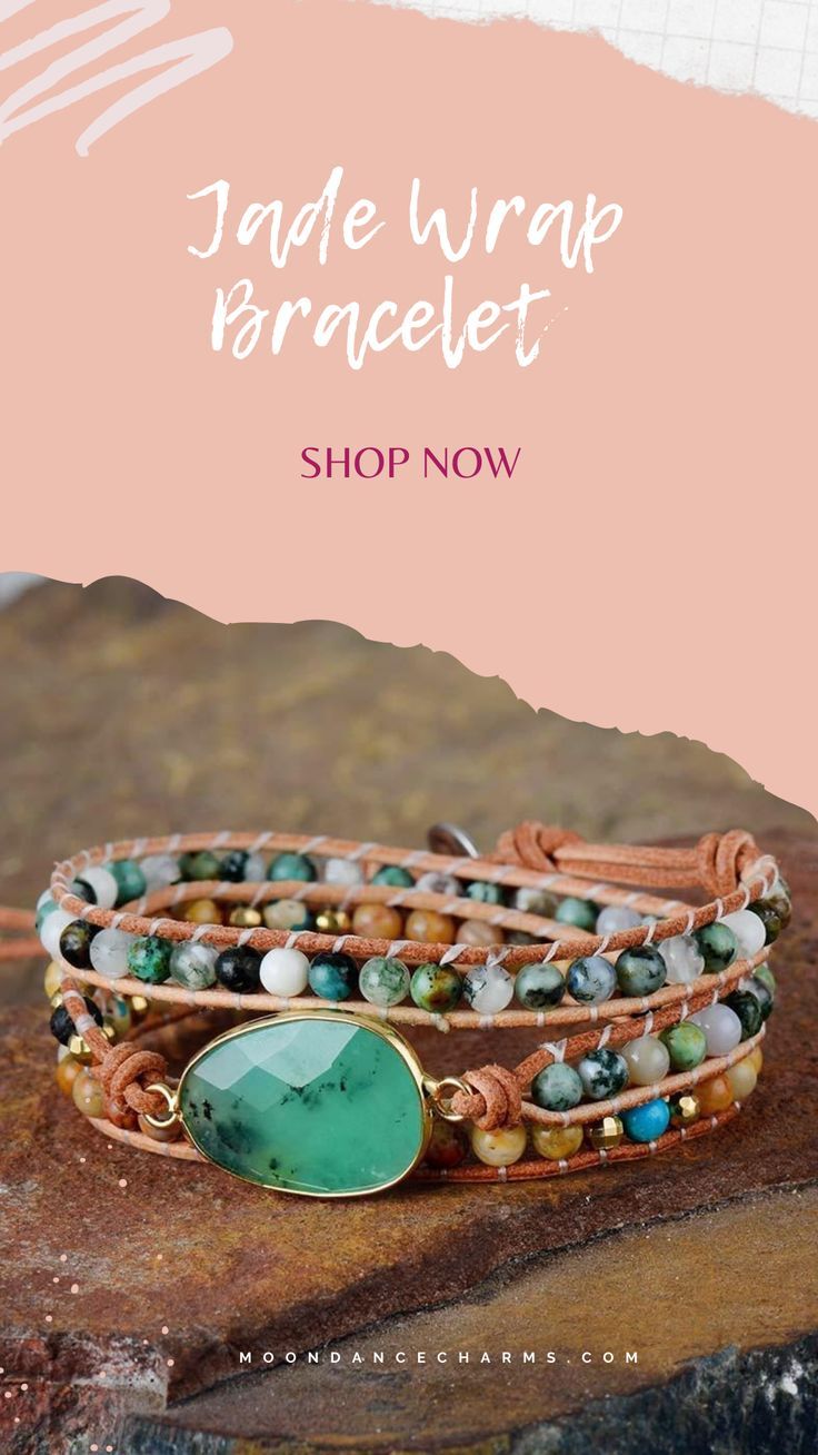 Our lovely Jade charm wrap bracelet is beautifully made using a mix of jade, jasper and Agate's gemstones assembled by hand on a natural leather cord. Traditionally handcrafted by talented artisans in Thailand. If you love jade jewelry, then this stakked wrap bracelet is for you. Moon dance Charms offers unique boho bracelets, handmade stone jewelry, inspirational wrapped bracelets with a bohemian style touch. Visit ou webshop >> Adjustable Hand-wrapped Agate Bracelets, Adjustable Hand Wrapped Agate Bracelets, Adjustable Hippie Bracelets With Natural Stones, Hippie Adjustable Bracelets With Natural Stones, Adjustable Spiritual Wrap Bracelet With Natural Stones, Bohemian Gemstone Bracelets For Friendship, Bohemian Gemstone Friendship Bracelets, Adjustable Hippie Leather Bracelet Gift, Adjustable Leather Bracelet Hippie Style Gift