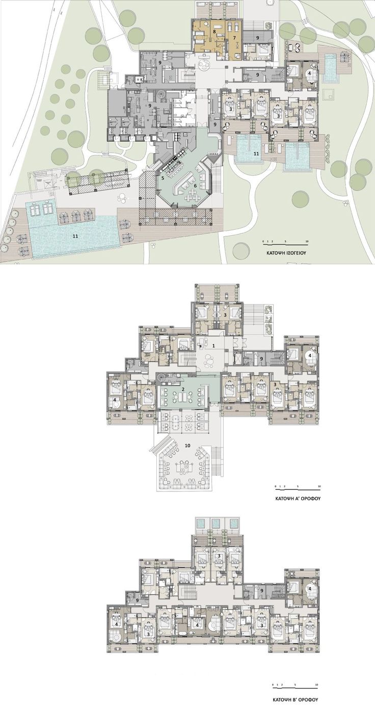 the floor plan for an apartment building with multiple levels and different rooms, all in one area