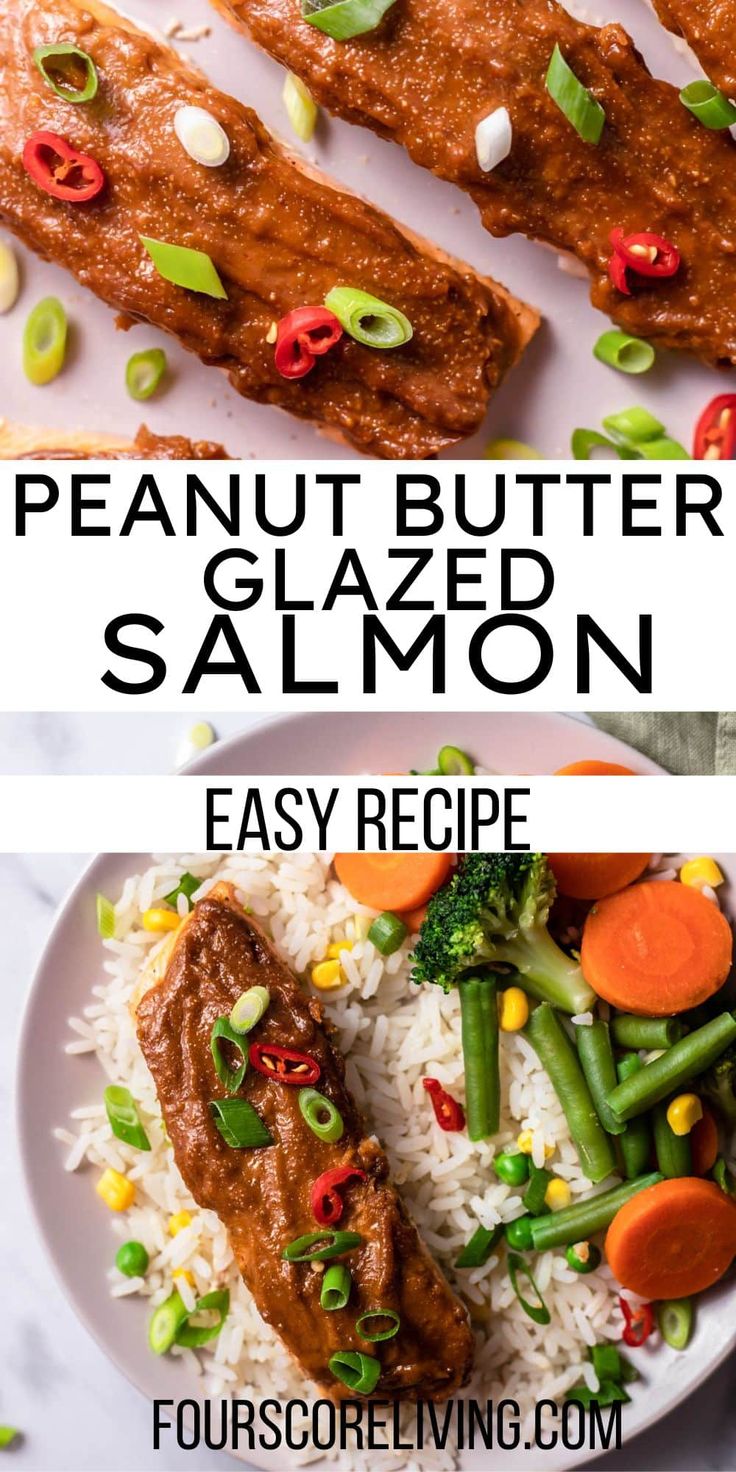 two pictures showing how to make peanut butter glazed salmon with rice and veggies