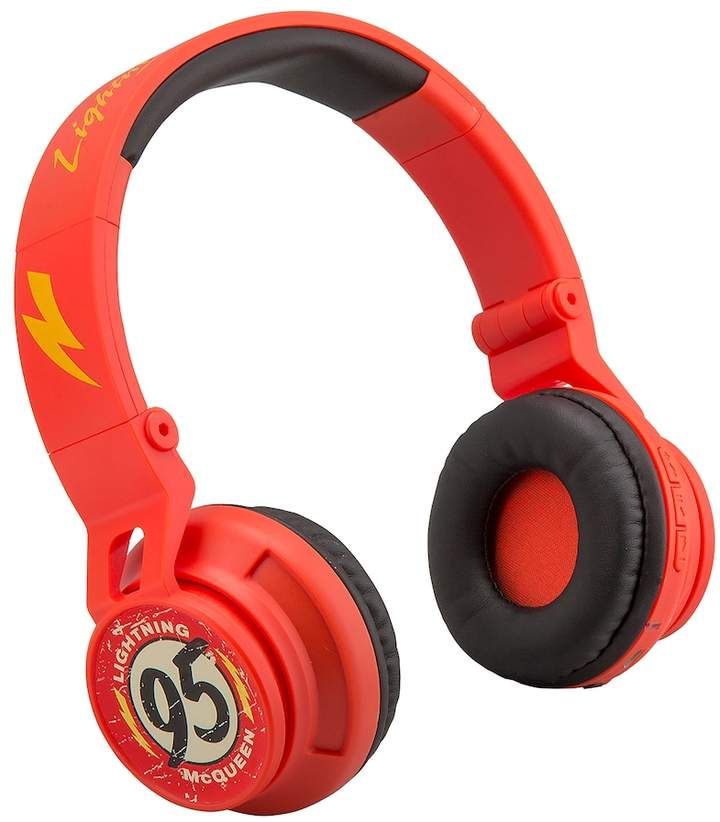 the headphones are red and black with an orange ear piece on top of it