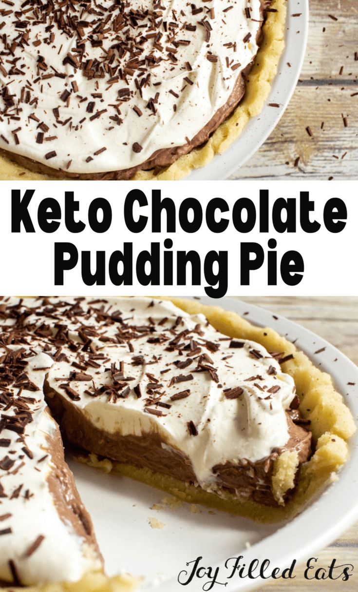 a chocolate pudding pie on a white plate with the text keto chocolate pudding pie