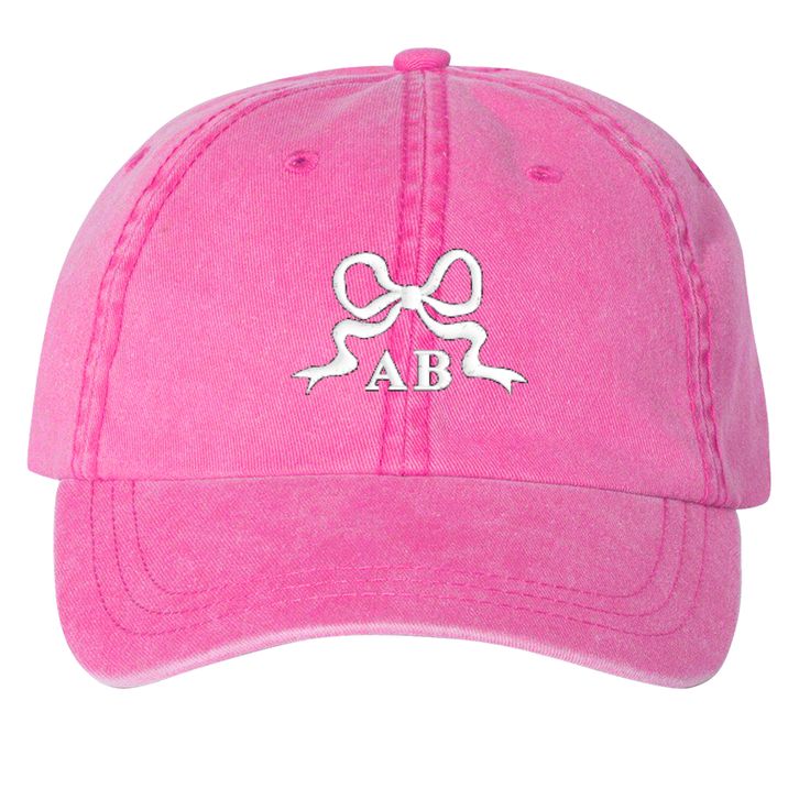 Our Initialed Hat is the perfect way to add a subtle hint of personalized style to your outfit. Choose from various hat colors and thread colors to custom embroider your two letter initials. Make a statement without sacrificing comfort in this everyday athleisure outfit piece with our Initialed 'Tiny Bow' Baseball Hat. 6-panel, unstructured, low-profile Tuck-away leather back strap with antiqued brass buckle and grommet Cool-Crown™ mesh lining Pink Curved Brim Hat Personalized, Casual Pink Hats With Letter Embroidery, Pink Casual Hat With Letter Embroidery, Casual Flat Bill Hat Gift, Classic Summer Hats With Embroidered Logo, Classic Summer Hat With Embroidered Logo, Classic Adjustable Pink Hat, Pink Adjustable Hat With Letter Embroidery, Customizable Pink Hat With Curved Brim